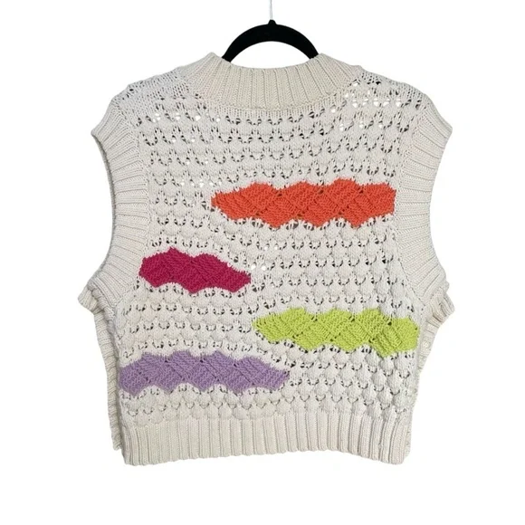 ZARA Oversized Ecru Crochet Sleeveless V-Neck Colour Block Sweater Vest Cream S - Picture 2 of 9